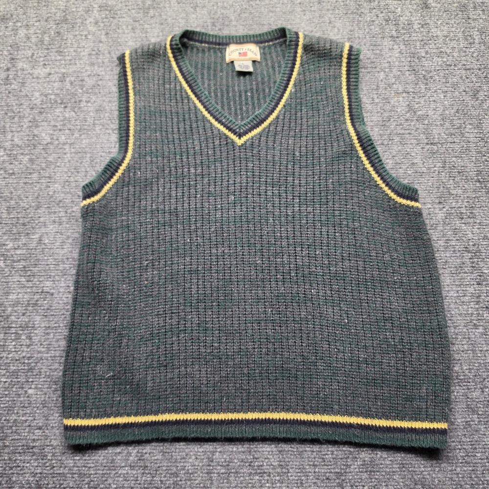 Vtg County Seat Mens Green V-Neck Sweater Vest Striped Trim Textured Knit Large